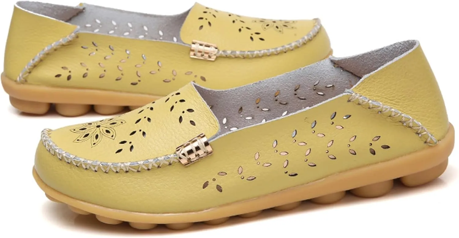 Sunporx Women's Driving Loafers Leather Comfortable Moccasins Breathable Slip On Nurse Loafer Round Toe Wild Walking Fashion Soft Shoes