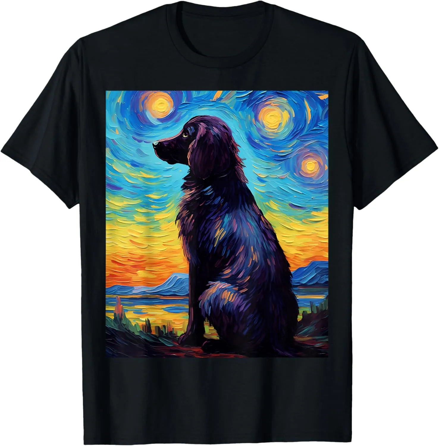 Surreal Starry Night Flat-Coated Retriever Dog T-Shirt