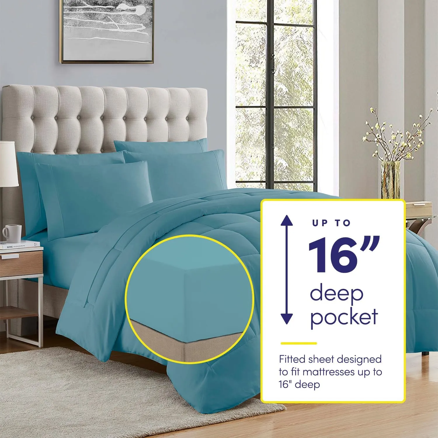 Sweet Home Collection 5 Piece Comforter Set Bag Solid Color All Season Soft Down Alternative Blanket & Luxurious Microfiber Bed Sheets, Misty Blue, Twin XL