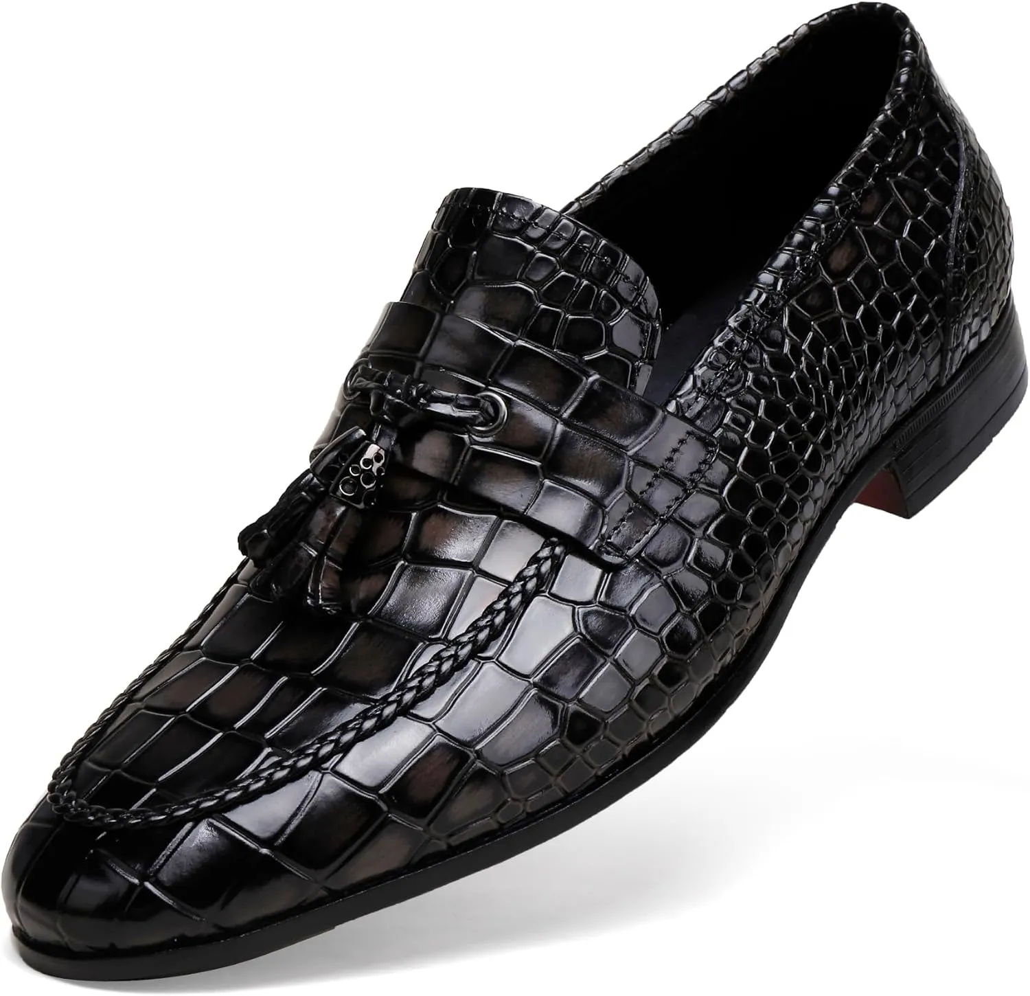 Tassel Loafer for Mens, Casual Crocodile Printed Tassel Dress Shoes Leather Slip-on Penny Loafer for Men