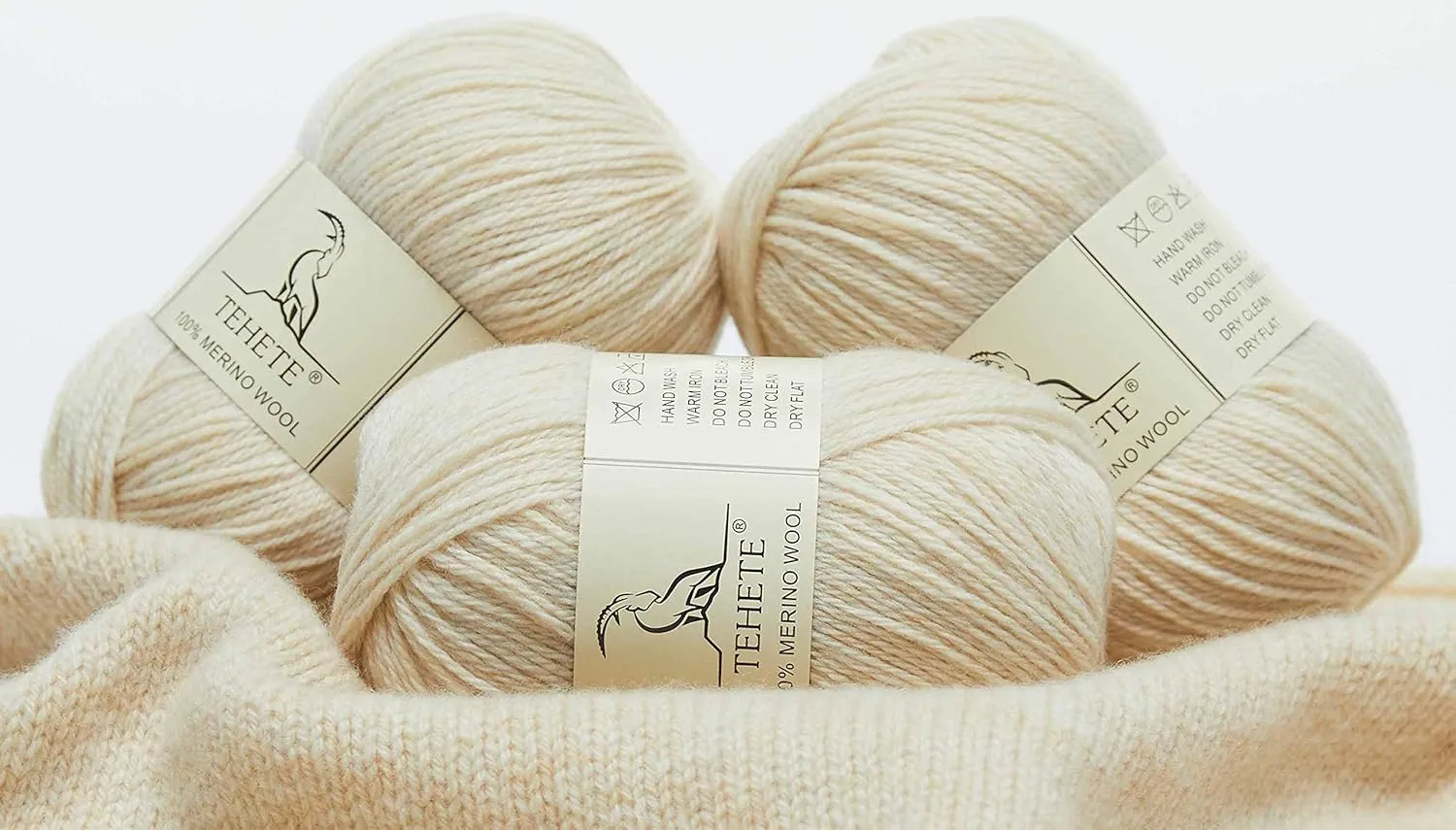 TEHETE 100% Merino Wool Yarn for Knitting 3-Ply Luxury Warm Soft Lightweight Blue Crochet Yarn (Beige)