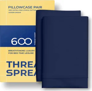 THREAD SPREAD 100% Pure Egyptian Cotton Pillow Case King - 600 Thread Count Pillow Cases King Size Set of 2, Cooling & Breathable Extra Long Staple Sateen Weave Cotton Pillow Cover for Bed - Navy Blue