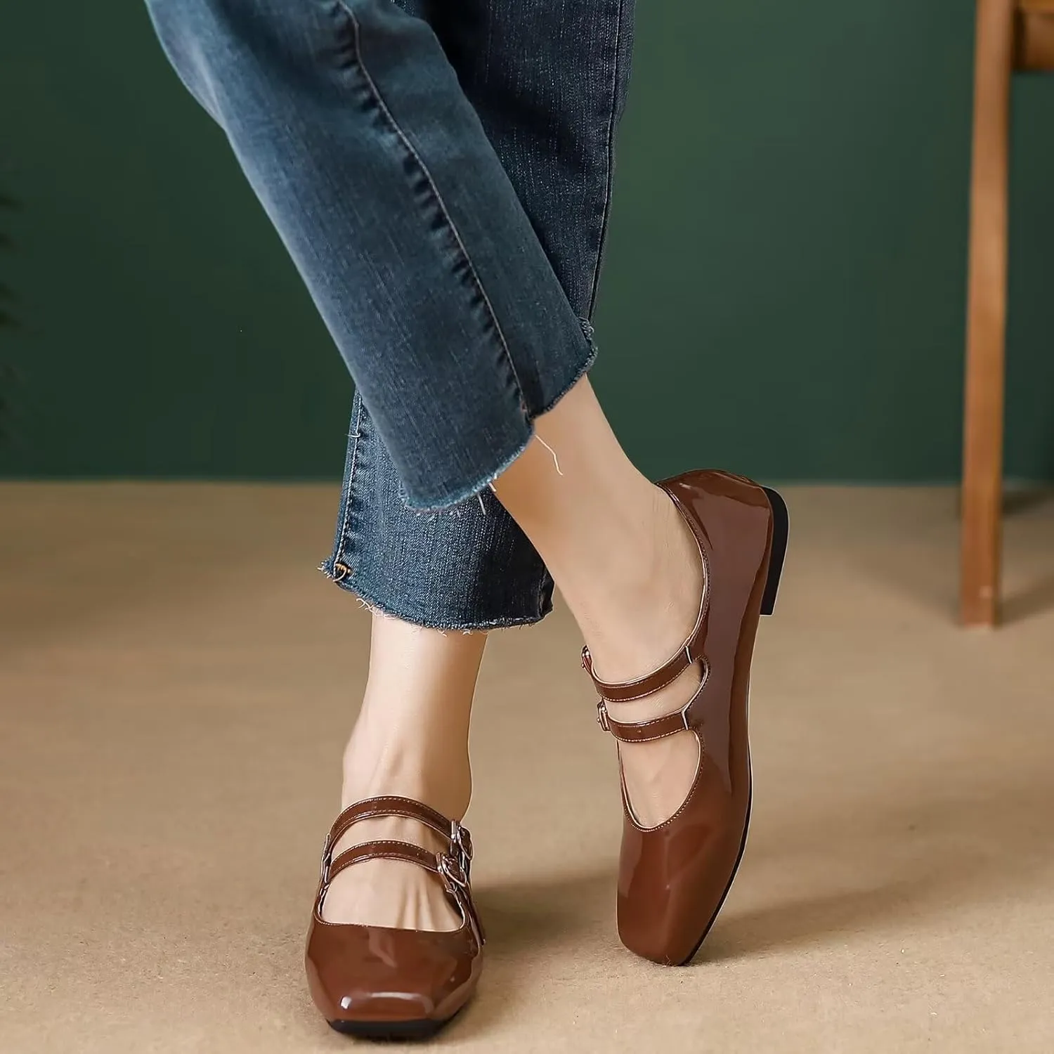 TN TANGNEST Flats for Women Elegant Square Toe Slip On Flats Soft One Line Strap Flats Retro Mary Jane Flat Shoes
