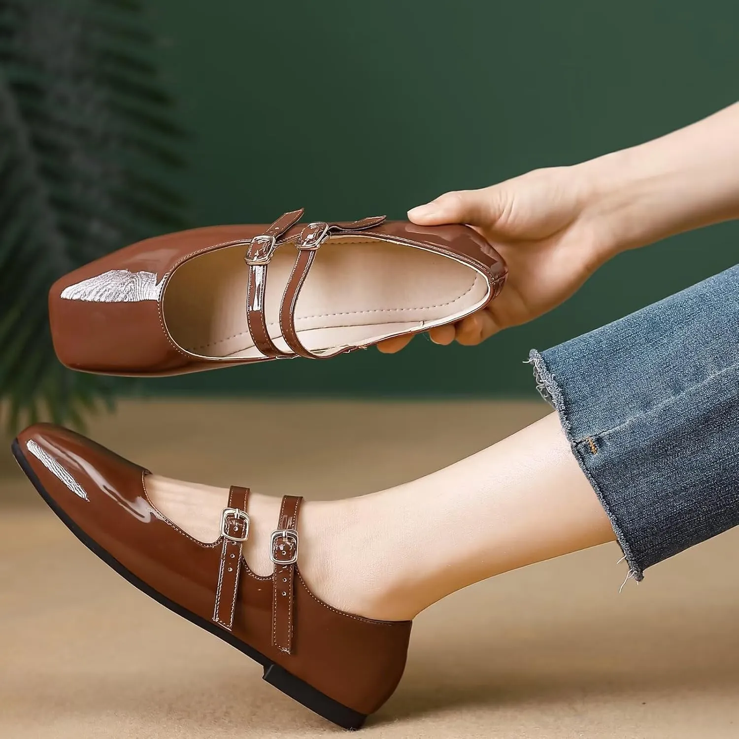 TN TANGNEST Flats for Women Elegant Square Toe Slip On Flats Soft One Line Strap Flats Retro Mary Jane Flat Shoes
