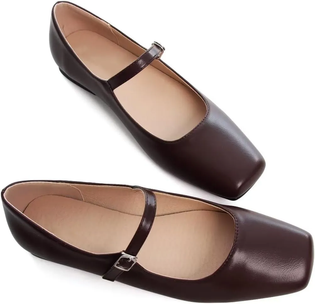 TN TANGNEST Leather Flats for Women Comfortable Square Toe Slip On Flats Soft Work Flats Retro Mary Jane Flats