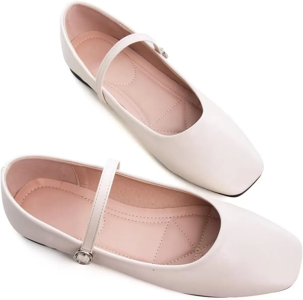 TN TANGNEST Leather Flats for Women Comfortable Square Toe Slip On Flats Soft Work Flats Retro Mary Jane Flats