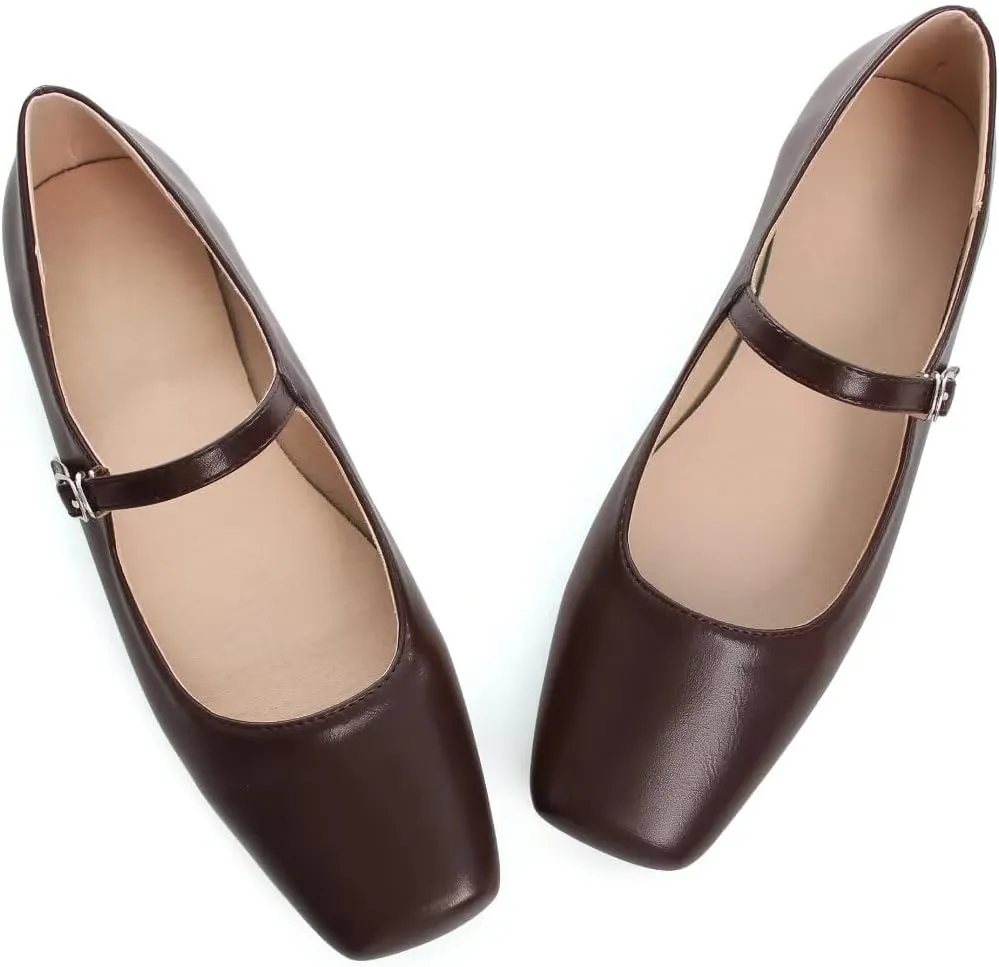 TN TANGNEST Leather Flats for Women Comfortable Square Toe Slip On Flats Soft Work Flats Retro Mary Jane Flats