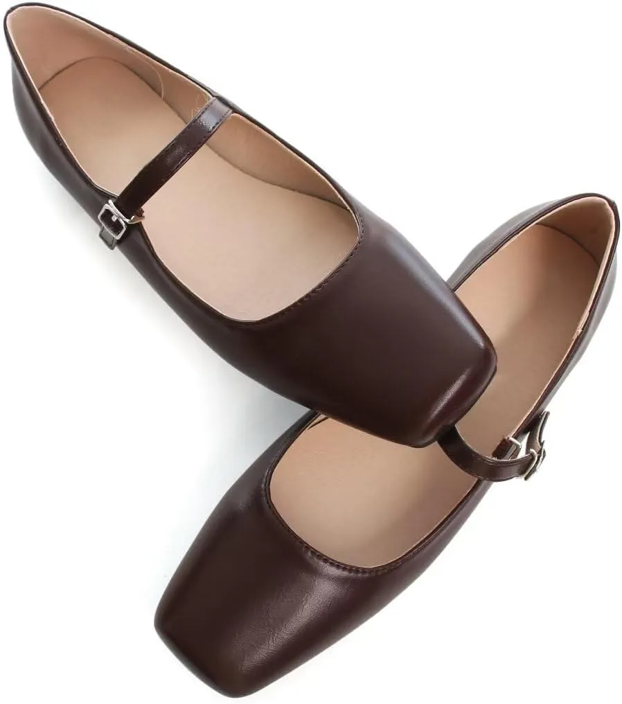 TN TANGNEST Leather Flats for Women Comfortable Square Toe Slip On Flats Soft Work Flats Retro Mary Jane Flats