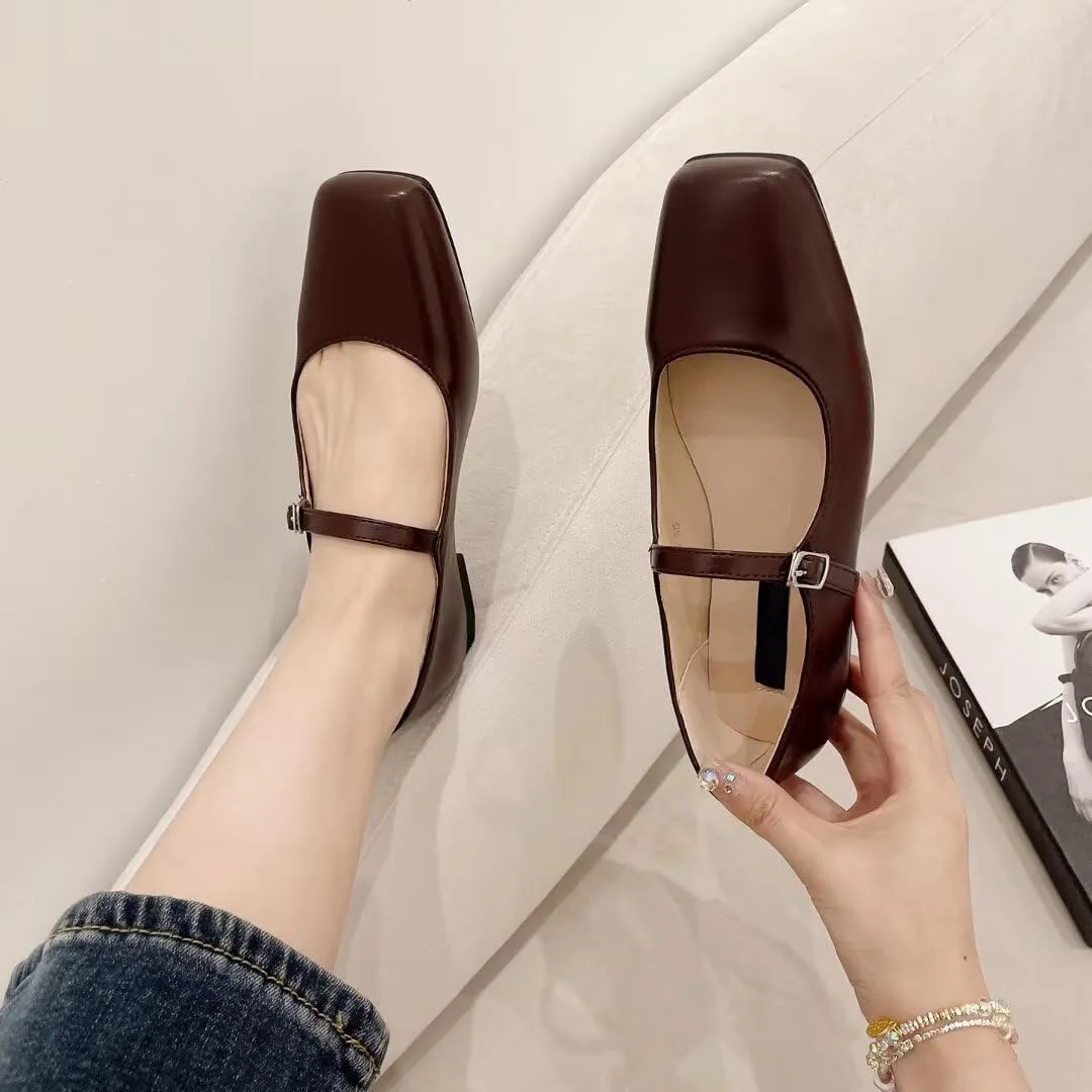 TN TANGNEST Leather Flats for Women Comfortable Square Toe Slip On Flats Soft Work Flats Retro Mary Jane Flats