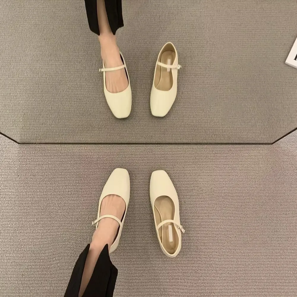 TN TANGNEST Leather Flats for Women Comfortable Square Toe Slip On Flats Soft Work Flats Retro Mary Jane Flats