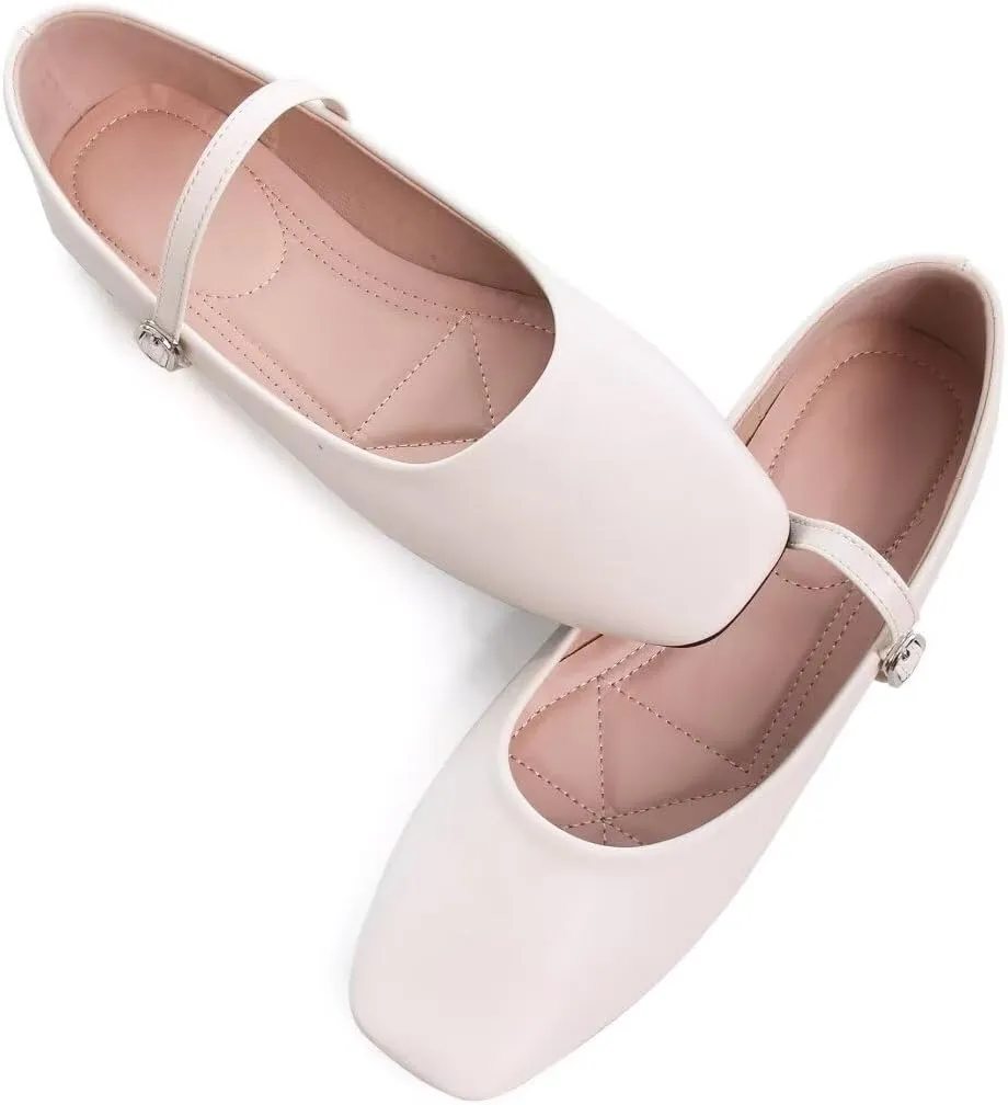 TN TANGNEST Leather Flats for Women Comfortable Square Toe Slip On Flats Soft Work Flats Retro Mary Jane Flats