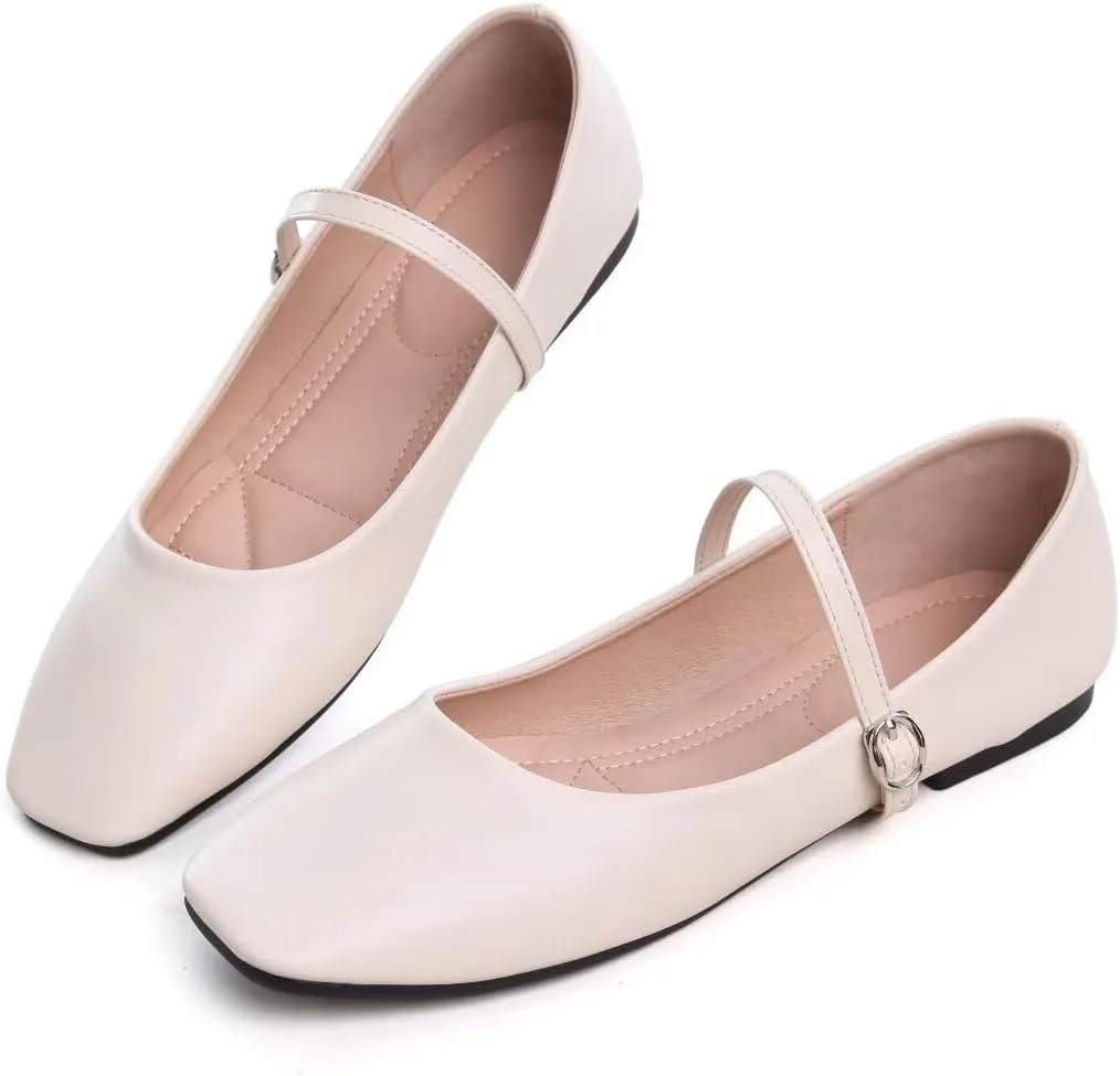 TN TANGNEST Leather Flats for Women Comfortable Square Toe Slip On Flats Soft Work Flats Retro Mary Jane Flats