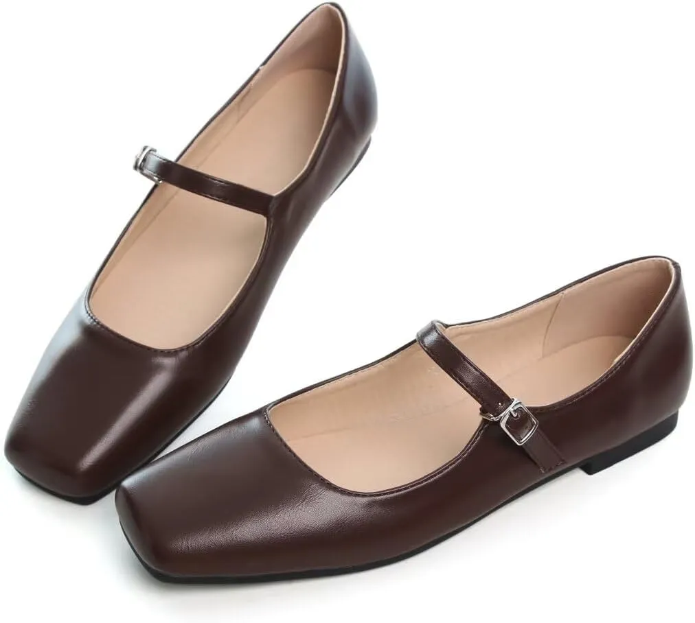 TN TANGNEST Leather Flats for Women Comfortable Square Toe Slip On Flats Soft Work Flats Retro Mary Jane Flats