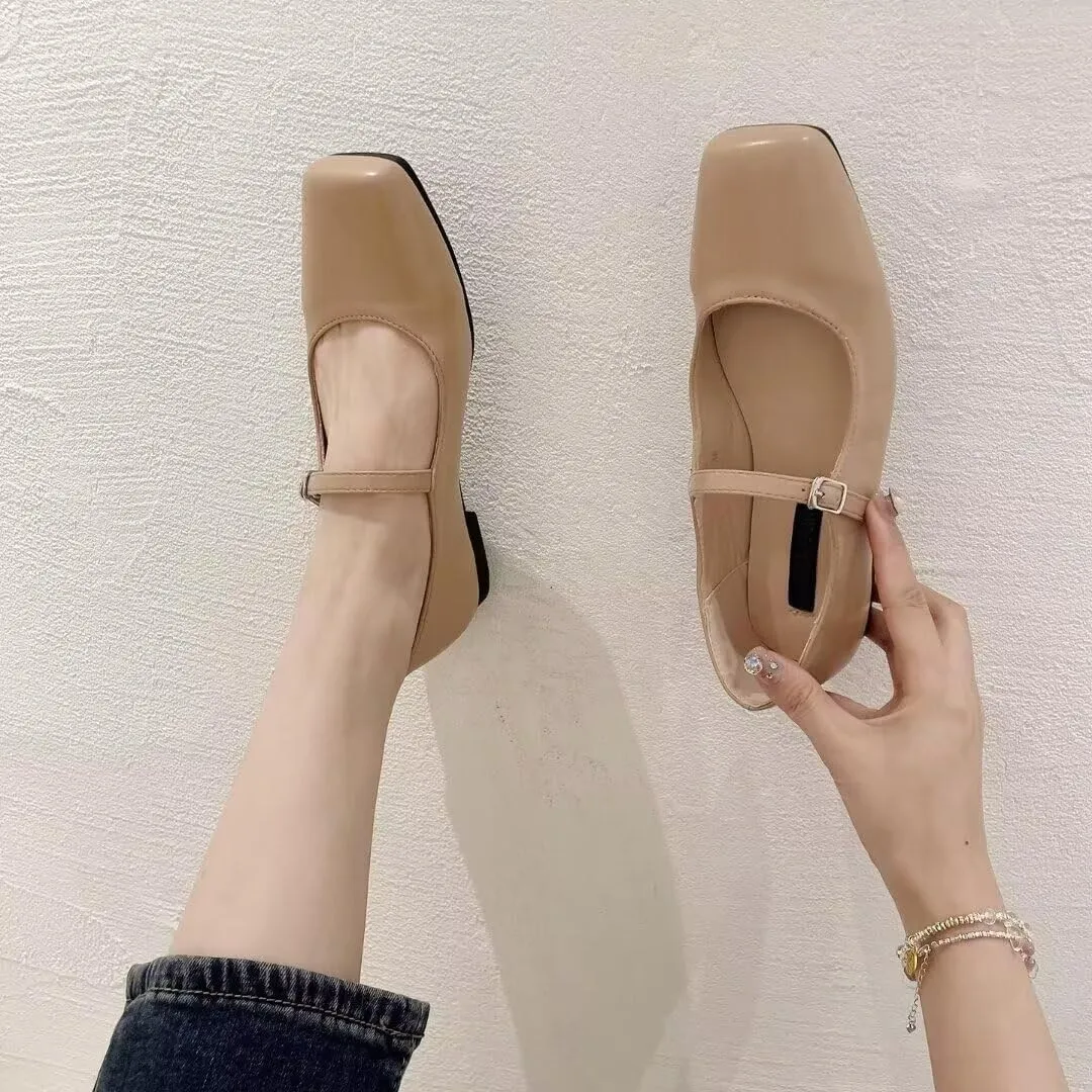 TN TANGNEST Leather Flats for Women Comfortable Square Toe Slip On Flats Soft Work Flats Retro Mary Jane Flats