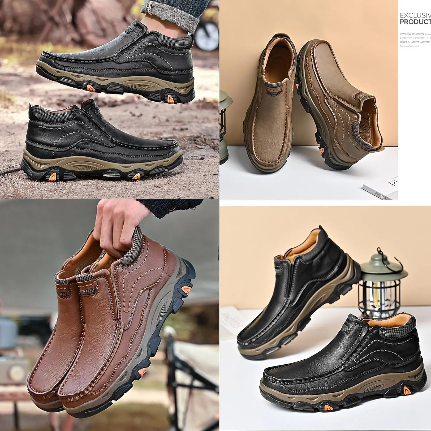 Tokouk Mens Breathable Hand Stitching Leather Slip On Ankle Boots, Classic Outdoor Moccasin Chukka Boots Non-Slip Casual Hiking Boots