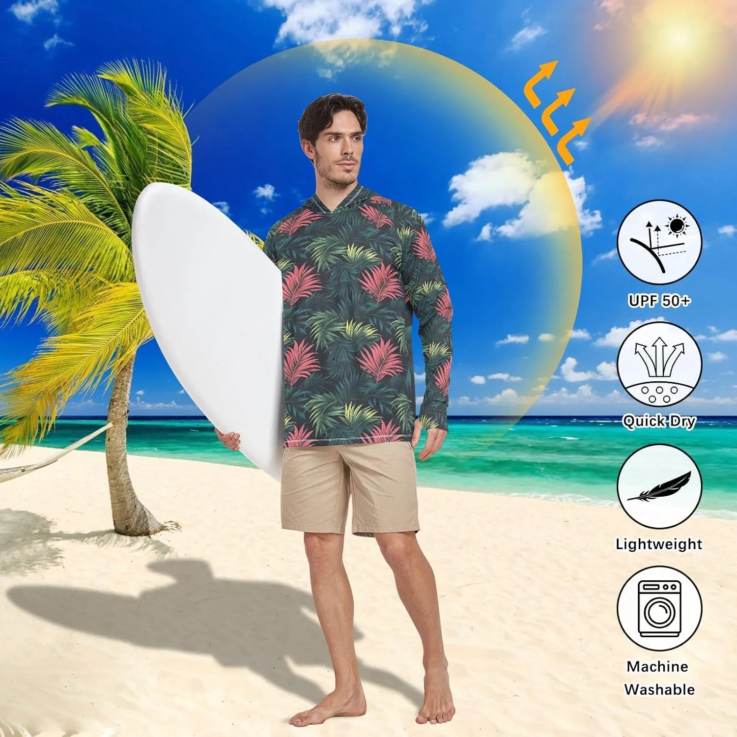 Tropical Palms Mens Hoodie Sun Protection Long Sleeve Mens Sun Shirts UPF 50  Hiking Hoodie Hooded UV Rashguard for Men