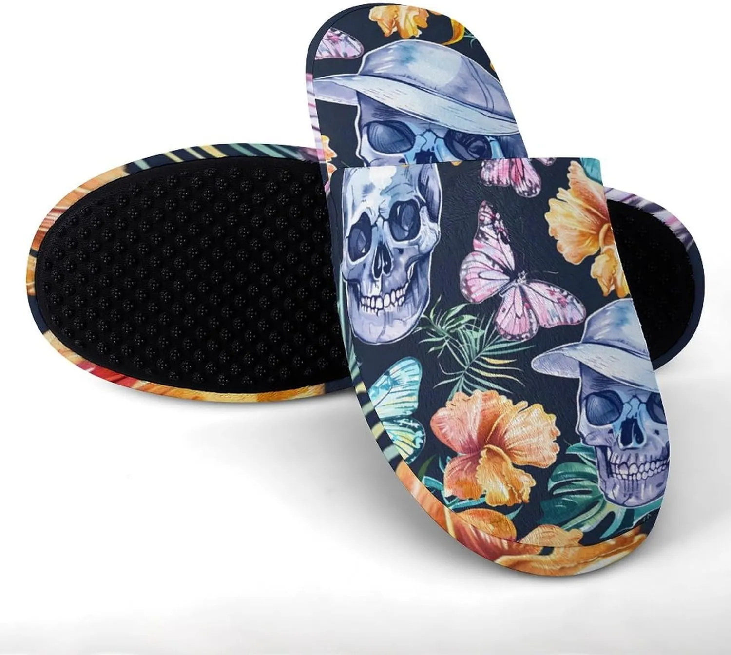 Tropical Plants Flowers Butterfly Hip Skull Warm Mens Slippers Winter Slip On Breathable Lightweight House Shoes Washable Indoor