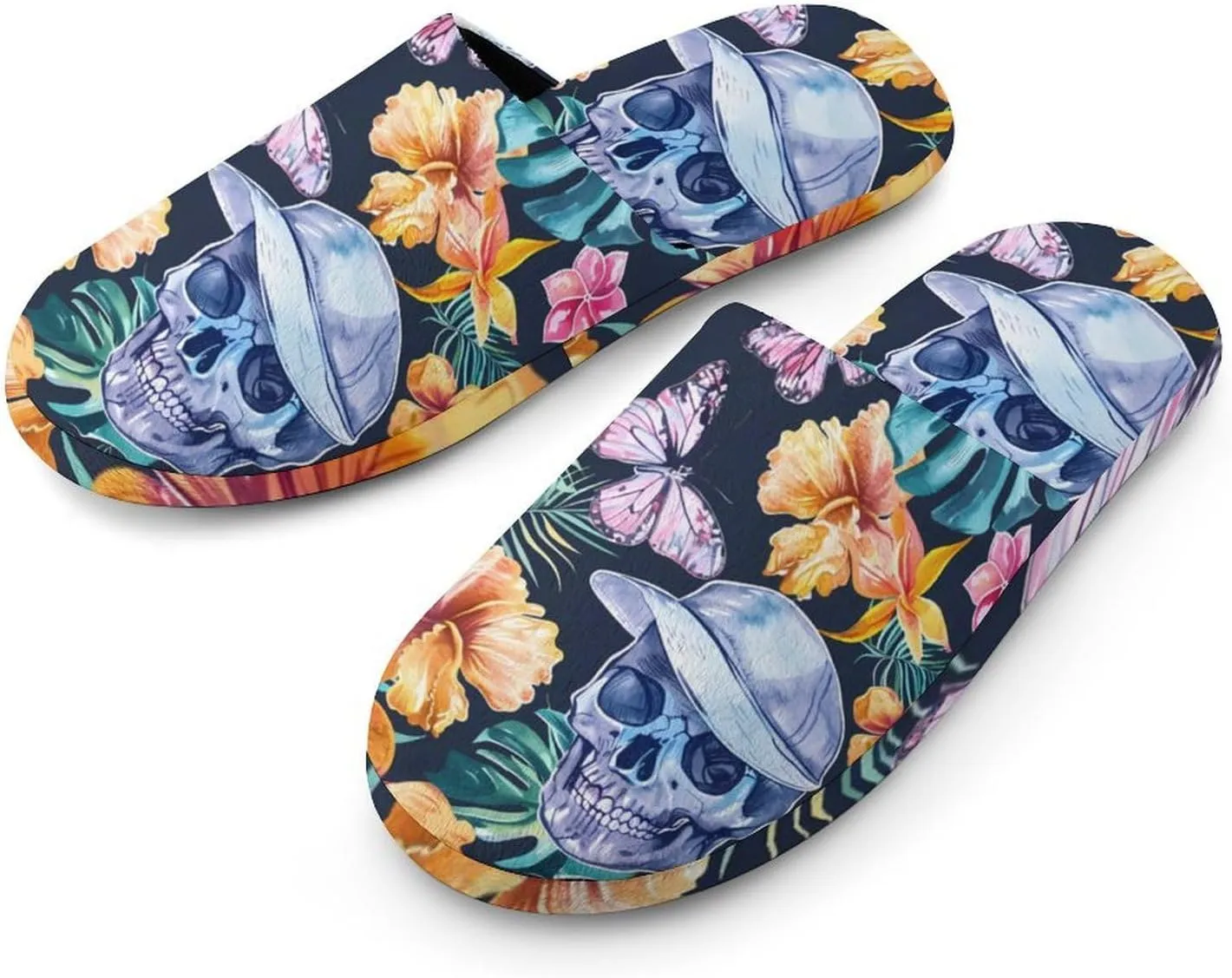 Tropical Plants Flowers Butterfly Hip Skull Warm Mens Slippers Winter Slip On Breathable Lightweight House Shoes Washable Indoor