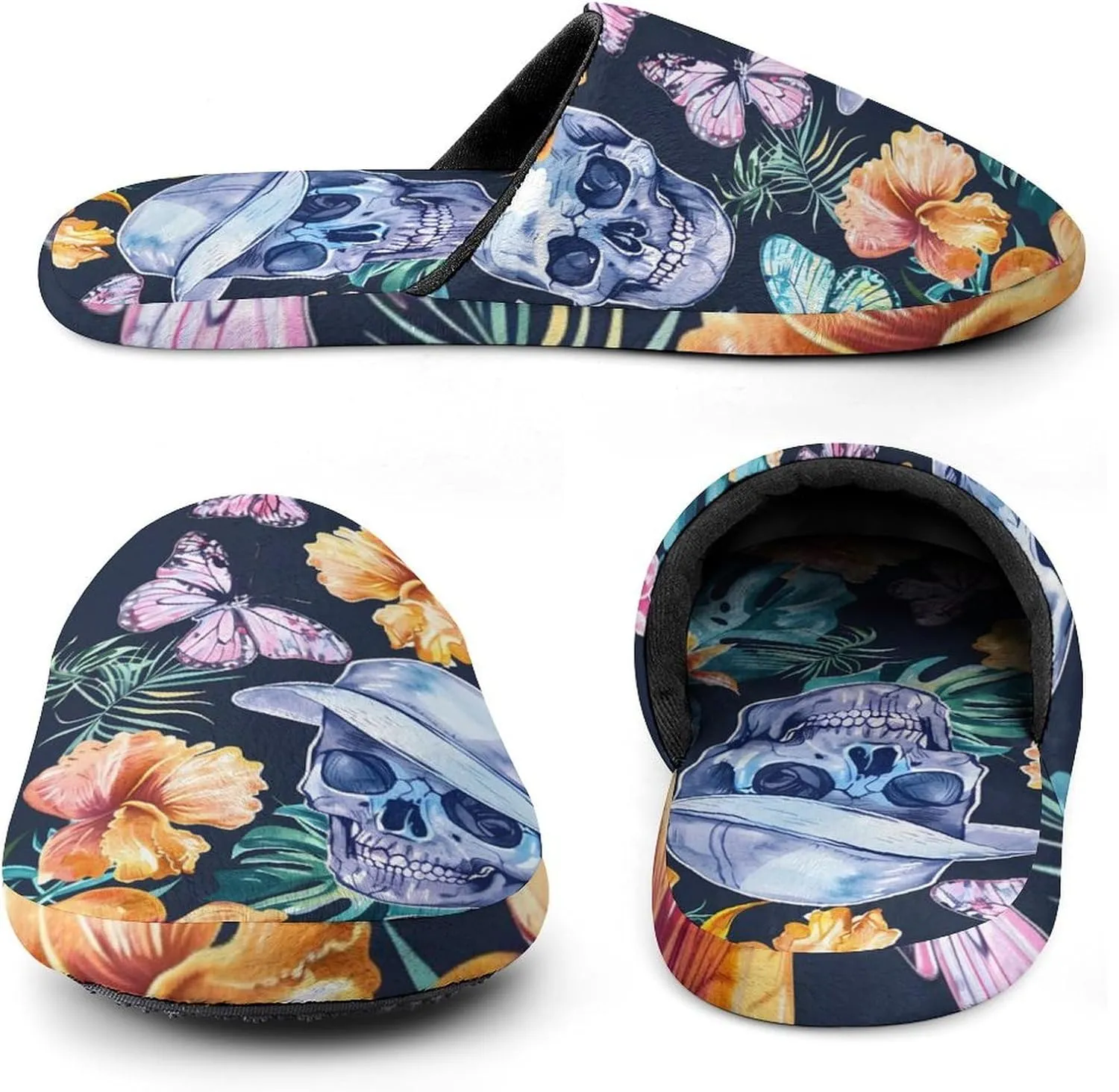 Tropical Plants Flowers Butterfly Hip Skull Warm Mens Slippers Winter Slip On Breathable Lightweight House Shoes Washable Indoor