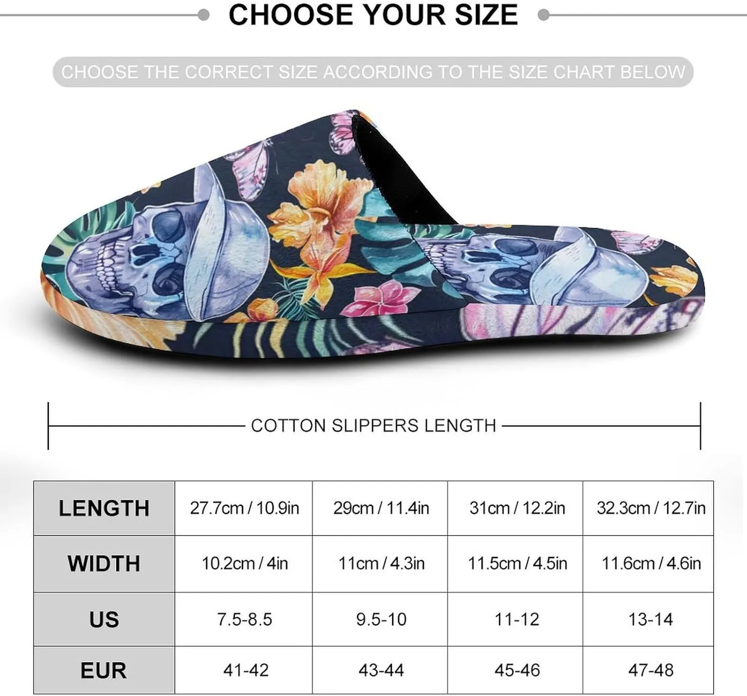 Tropical Plants Flowers Butterfly Hip Skull Warm Mens Slippers Winter Slip On Breathable Lightweight House Shoes Washable Indoor
