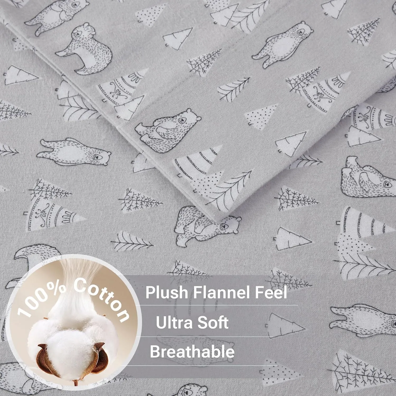 True North by Sleep Philosophy Cozy Flannel Warm 100% Cotton Sheet - Novelty Print Animals Stars Cute Ultra Soft Cold Weather Bedding Set, Queen, Bear 4 Piece