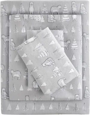 True North by Sleep Philosophy Cozy Flannel Warm 100% Cotton Sheet - Novelty Print Animals Stars Cute Ultra Soft Cold Weather Bedding Set, Queen, Bear 4 Piece