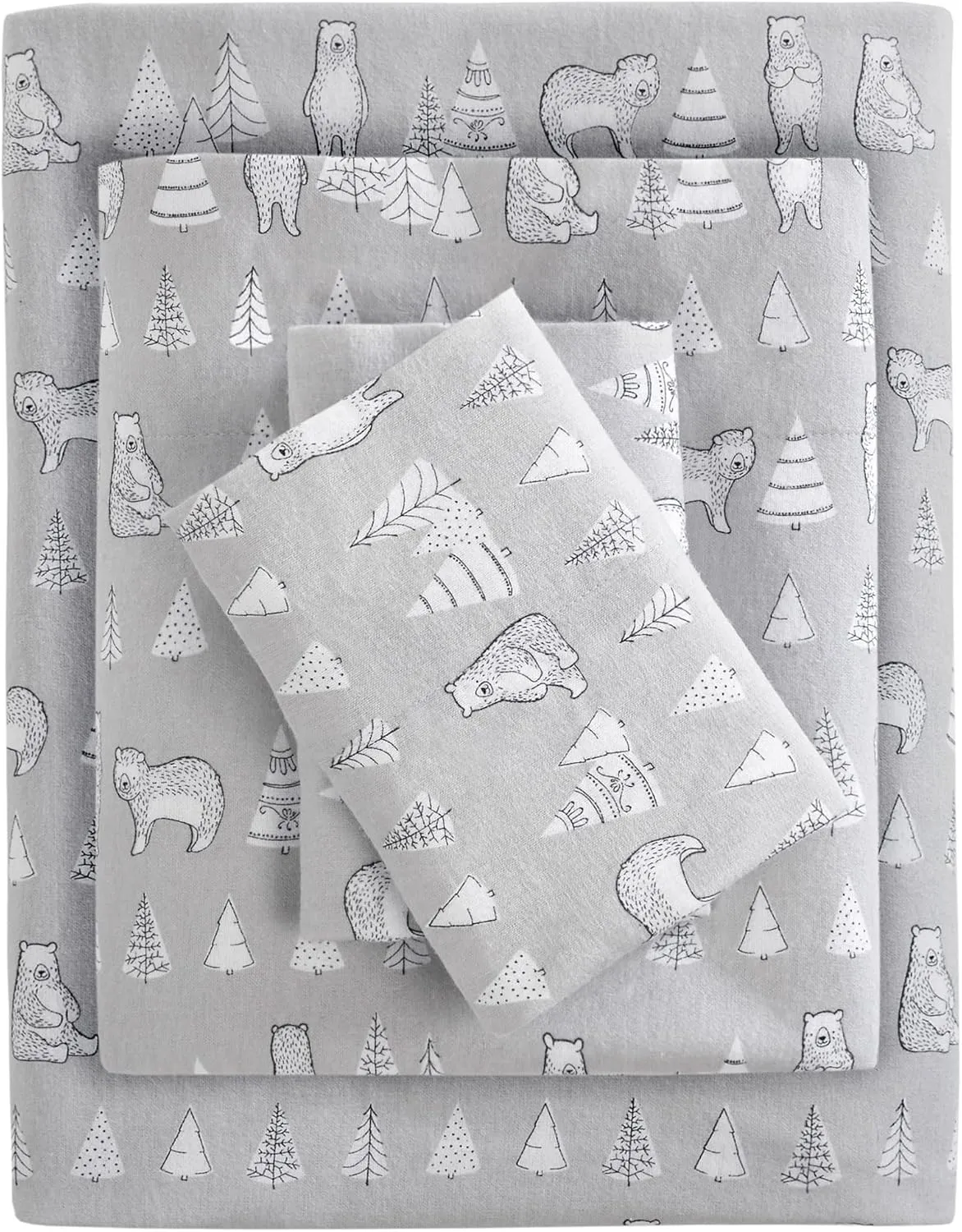 True North by Sleep Philosophy Cozy Flannel Warm 100% Cotton Sheet - Novelty Print Animals Stars Cute Ultra Soft Cold Weather Bedding Set, Queen, Bear 4 Piece
