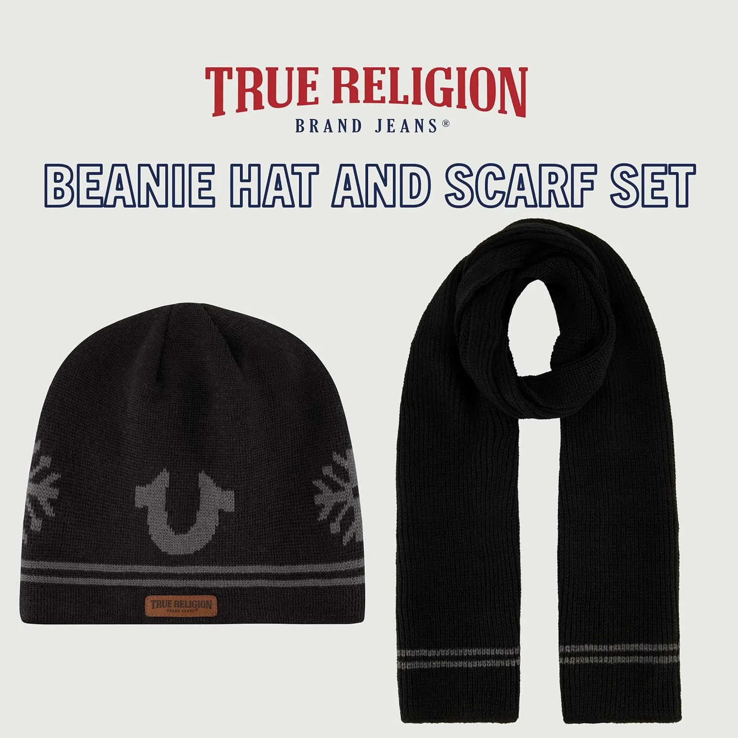 True Religion womens Beanie Hat and Scarf Set, Ribbed Long Winter Knit Cap and Scarf With End Stripes