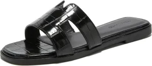 TRULAND H Strap Flat Slide Sandals for Women - Cute Fashion Open Square Toe Summer Dressy Sandals