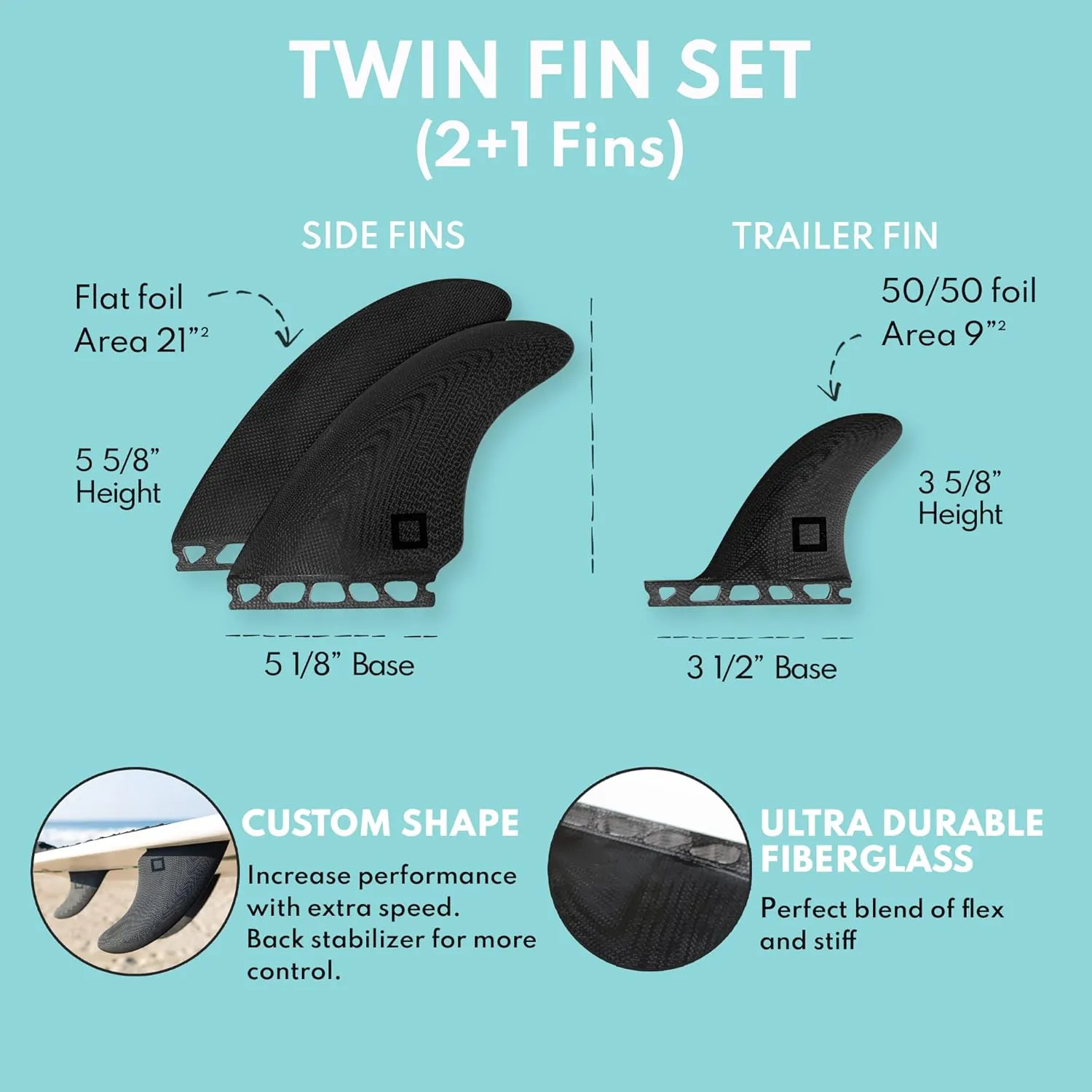 Twin, Thruster or Quad Fin Set - Solid Fiberglass for Lightweight Durability & Top Performance - Compatible with Futures Single Tab Surfboards