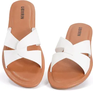 UBXRIN Womens Minimalist Memory Foam Comfortable Slide Sandals Summer Casual Soft Leather Flat Slippers