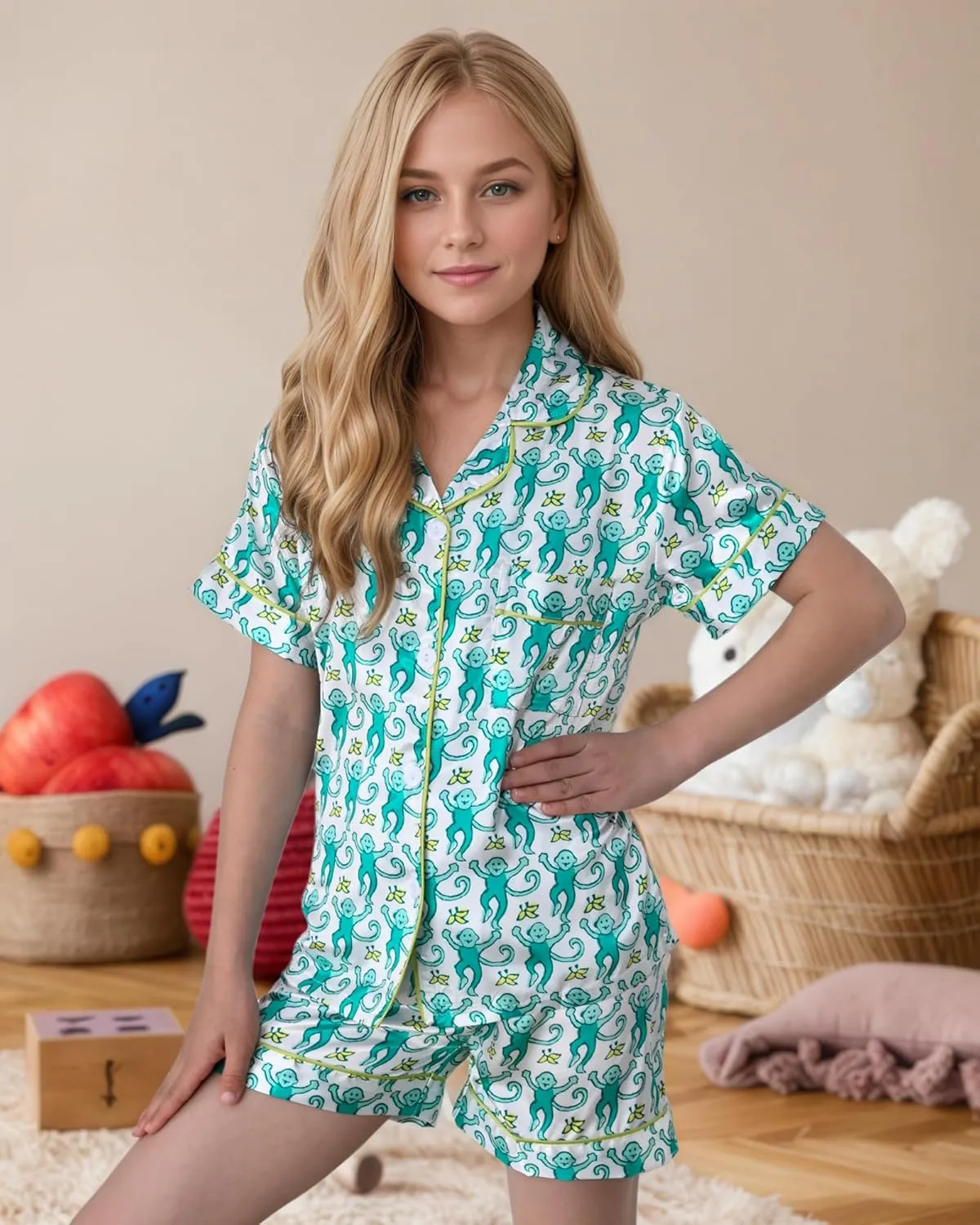 Ugly Girls Summer Outfit, Kids 2 Piece Button Down Monkey Beach Shorts Set Cute Animal Y2k Preppy Loungewear