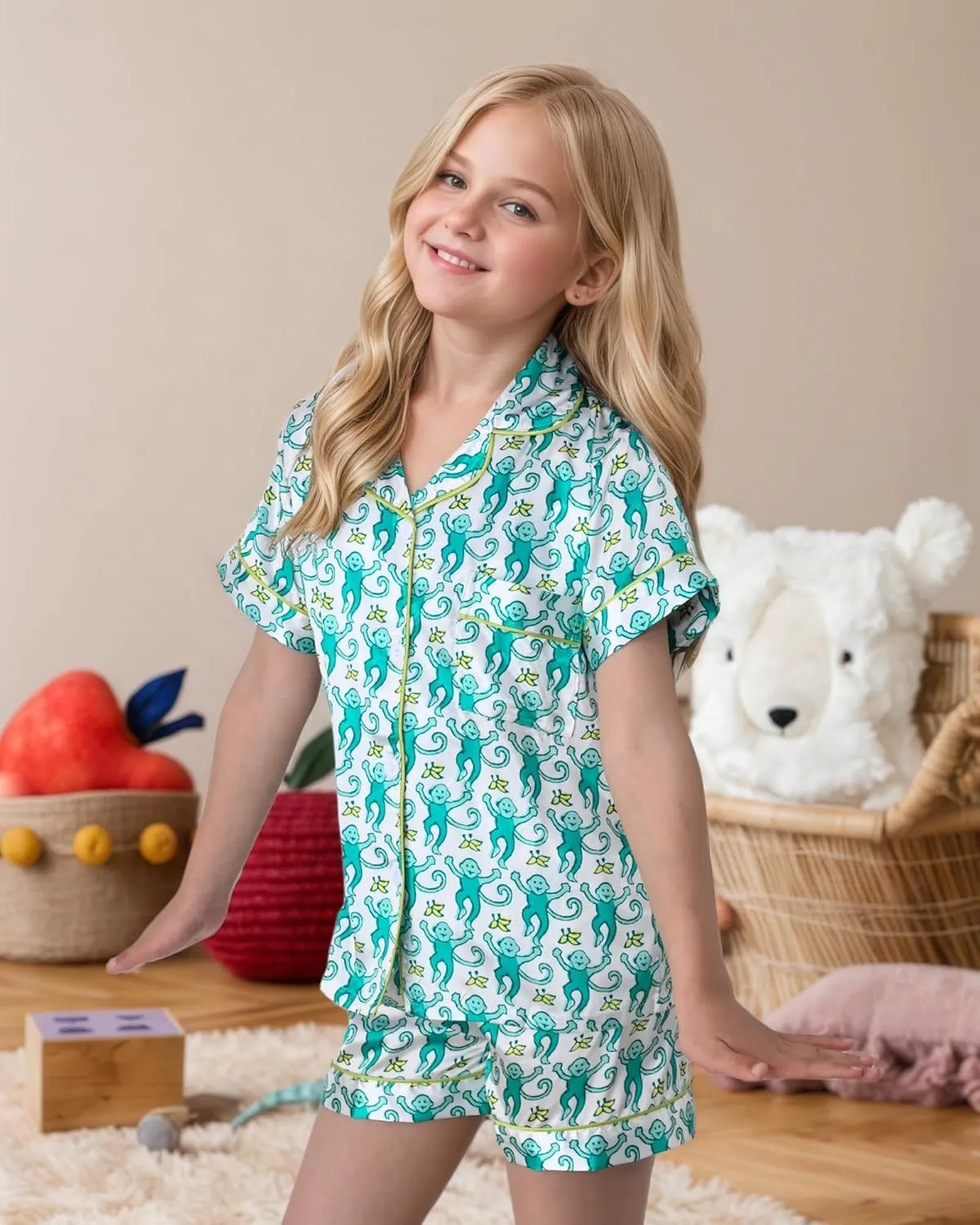 Ugly Girls Summer Outfit, Kids 2 Piece Button Down Monkey Beach Shorts Set Cute Animal Y2k Preppy Loungewear