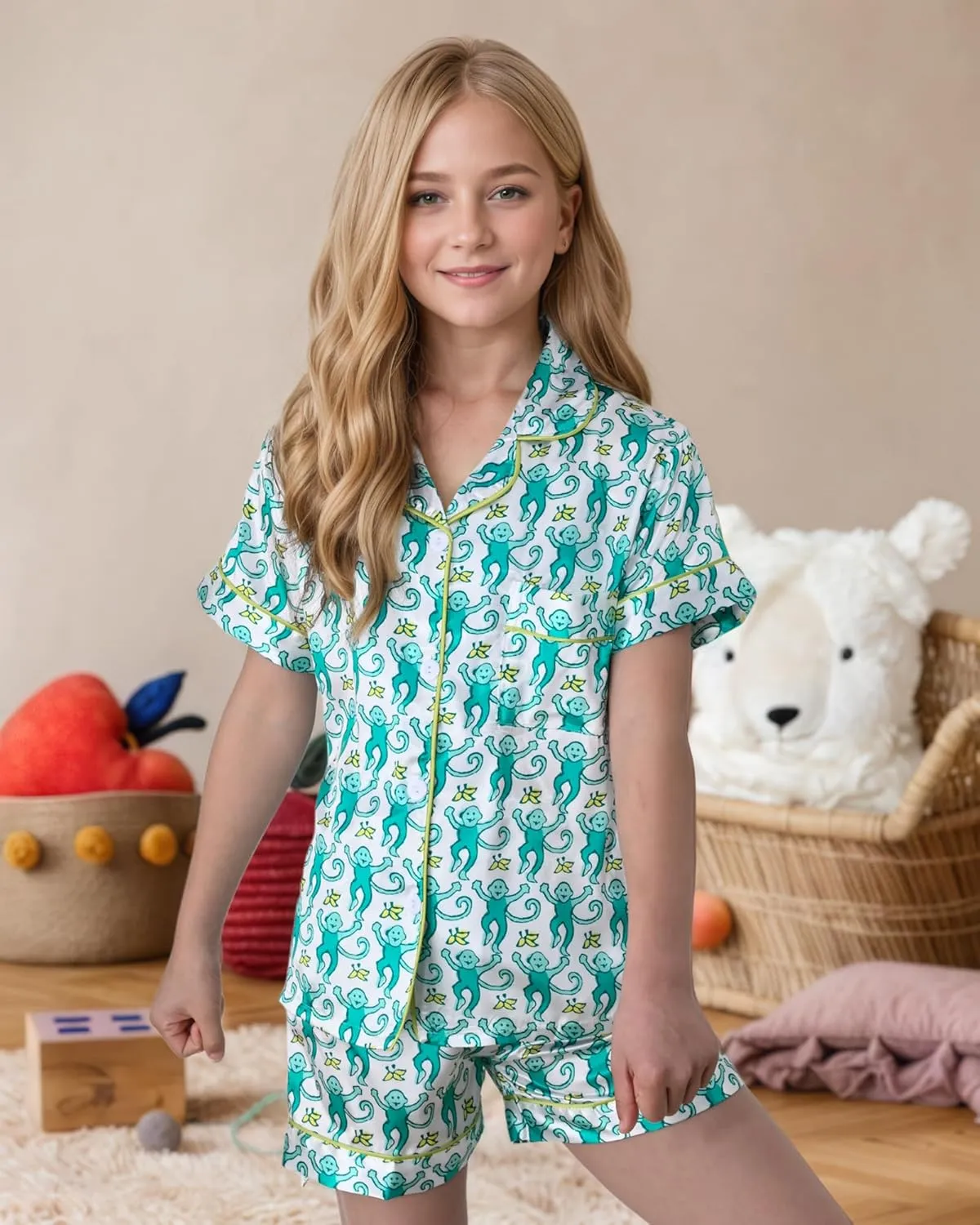 Ugly Girls Summer Outfit, Kids 2 Piece Button Down Monkey Beach Shorts Set Cute Animal Y2k Preppy Loungewear