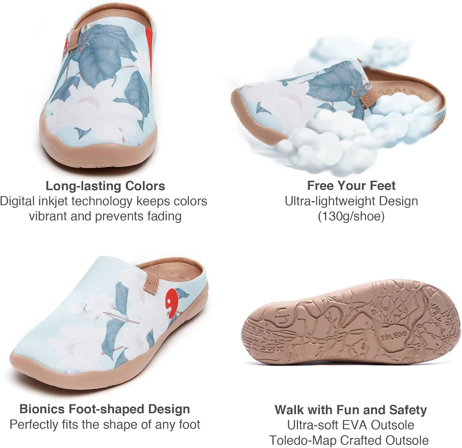 UIN Women's Slip On Mules Comfortable Flat Lightweight Wide Toe Clog Casual Art Painted Travel Shoes Malaga Series