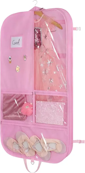 Univivi Pink Garment Bags for Dance Costumes 40 Inch Dance Costume Garment Bag for Girls, 3 Medium Clear Zipper Pockets and 2 Back Zippered Pocket, with 1 xPendant, 3 x Badge