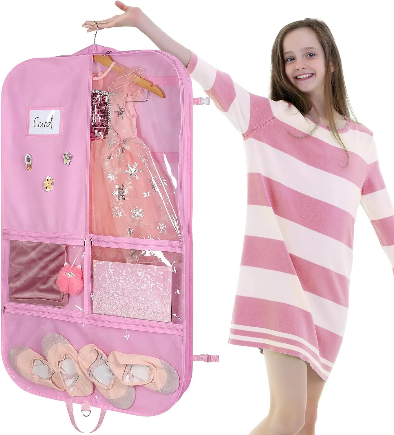 Univivi Pink Garment Bags for Dance Costumes 40 Inch Dance Costume Garment Bag for Girls, 3 Medium Clear Zipper Pockets and 2 Back Zippered Pocket, with 1 xPendant, 3 x Badge