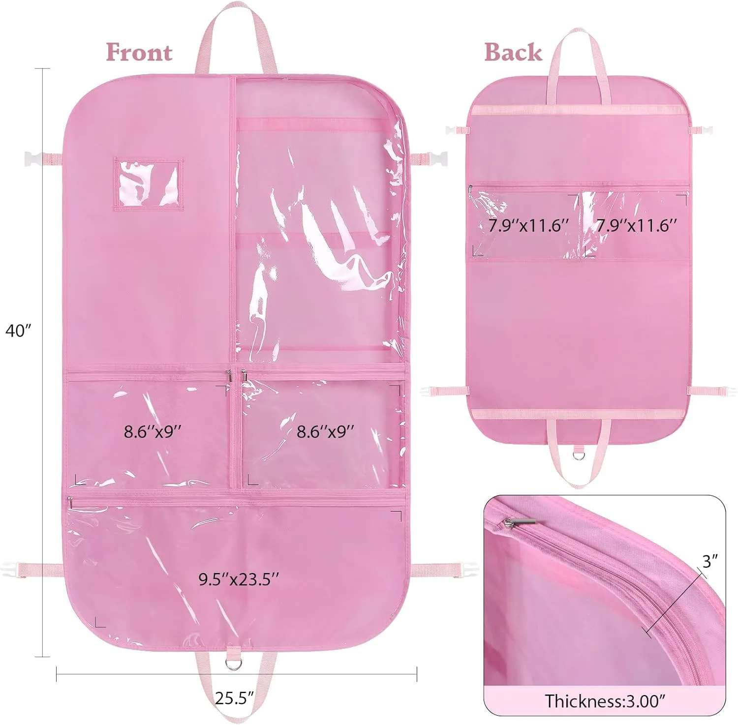 Univivi Pink Garment Bags for Dance Costumes 40 Inch Dance Costume Garment Bag for Girls, 3 Medium Clear Zipper Pockets and 2 Back Zippered Pocket, with 1 xPendant, 3 x Badge