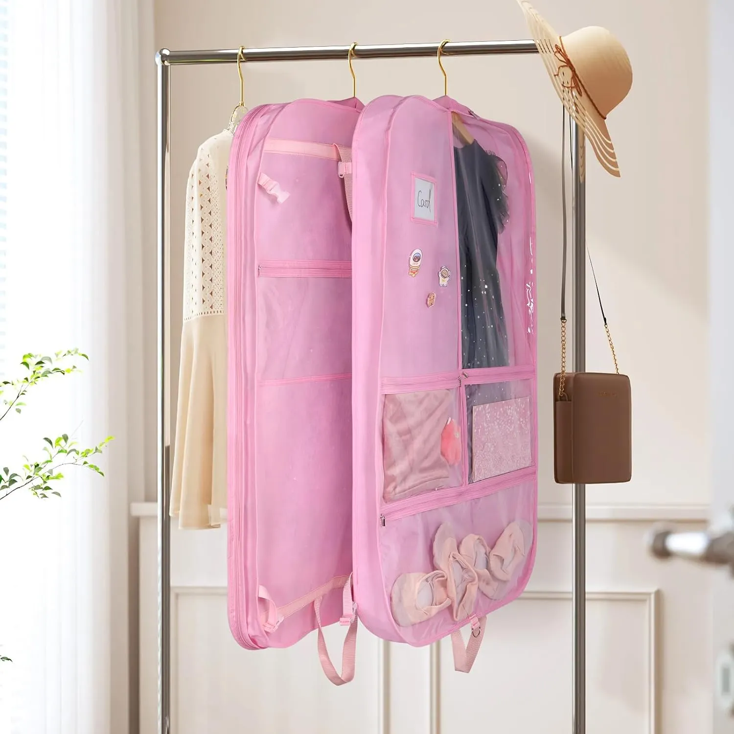 Univivi Pink Garment Bags for Dance Costumes 40 Inch Dance Costume Garment Bag for Girls, 3 Medium Clear Zipper Pockets and 2 Back Zippered Pocket, with 1 xPendant, 3 x Badge