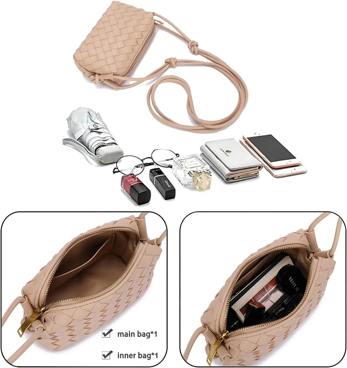 UPSONG Woven Crossbody Bags for Women，Fashion Leather Lightweight Handbags Shoulder Bag Phone Purse Ladies Messenger Bag
