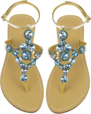 UTIKLIOU Women's Rhinestone Flat Sandals T-Strap Thong Sandals Summer Flat Sandals Flip Flop Sandals for Women