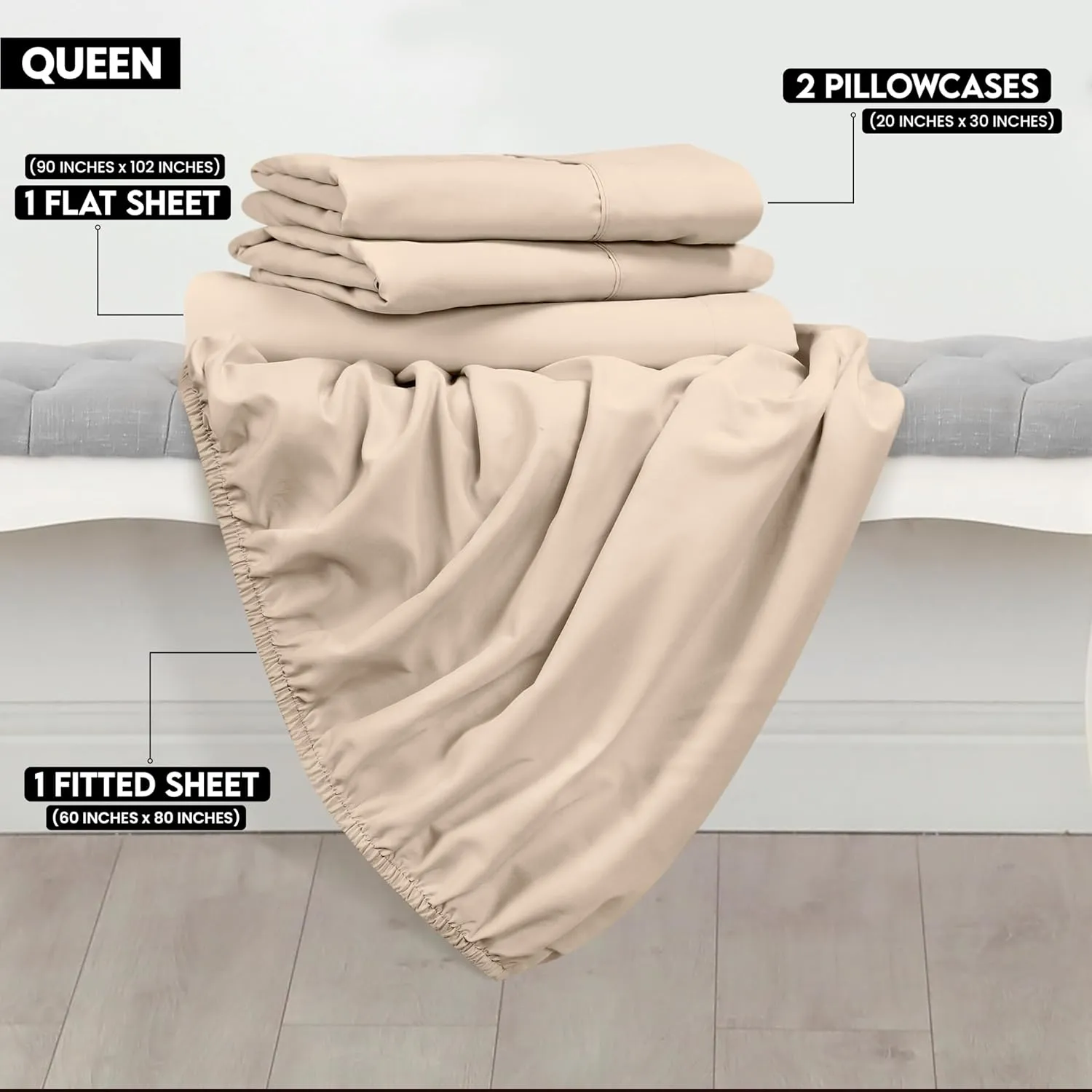 Utopia Bedding Queen Sheet Set - Brushed Microfiber - Soft Bed Sheets for Queen Size Bed Set - Includes 1 Fitted, 1 Flat, & 2 Pillow Cases - Deep Pocket (Beige)