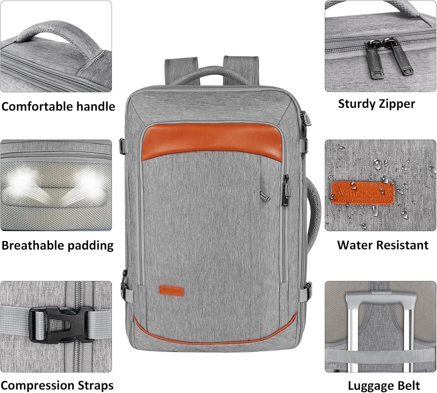 Vancropak Carry on Backpack, Extra Large 40L Airline Approved Travel Backpacks with 3 Packing Cubes for Women Men, Water Resistant Expandable Overnight Luggage Daypack Business Weekender Bag, Grey