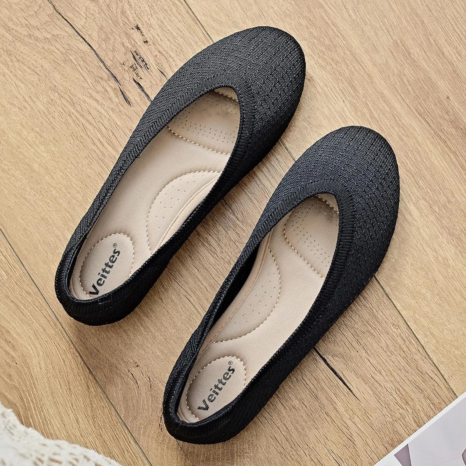 Veittes Women's Wide Width Flats Shoes,Comfortable Casual Breathable Black Ballet Shoes.