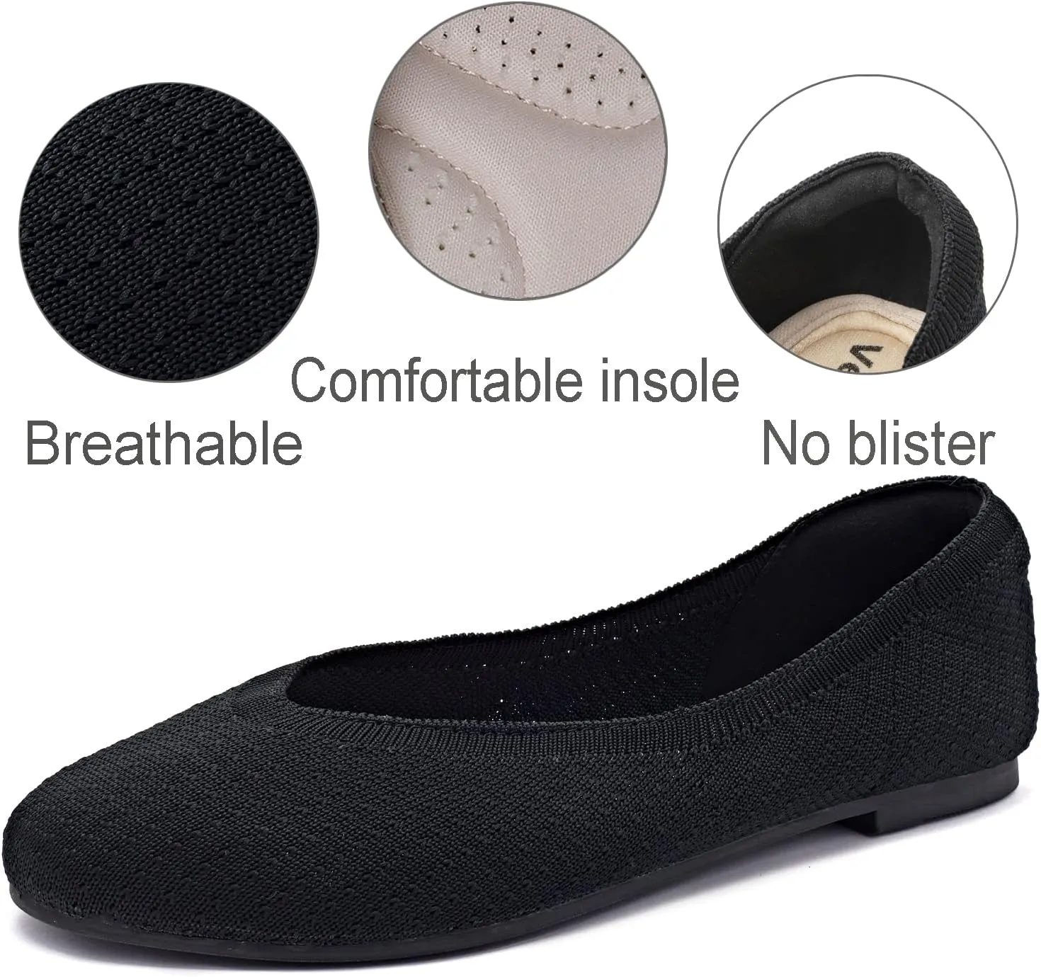 Veittes Women's Wide Width Flats Shoes,Comfortable Casual Breathable Black Ballet Shoes.
