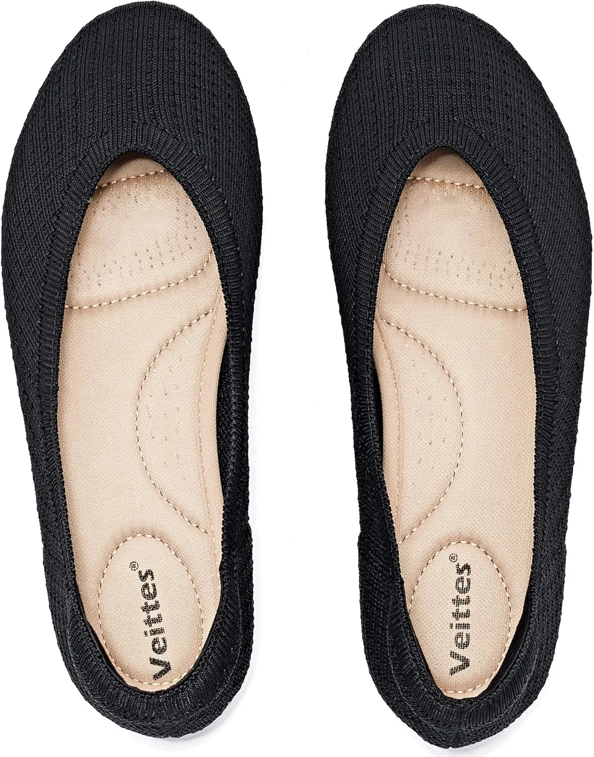 Veittes Women's Wide Width Flats Shoes,Comfortable Casual Breathable Black Ballet Shoes.