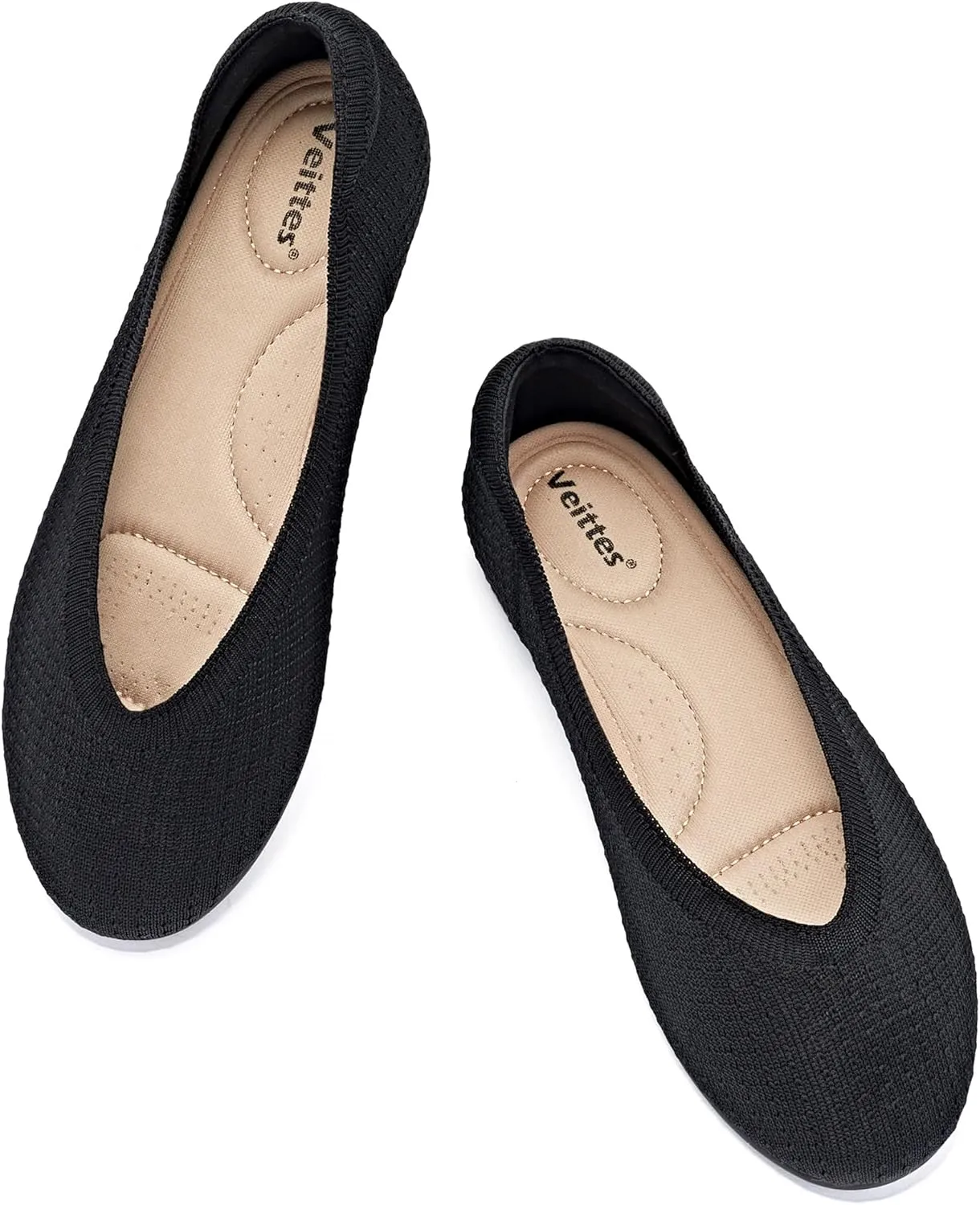 Veittes Women's Wide Width Flats Shoes,Comfortable Casual Breathable Black Ballet Shoes.