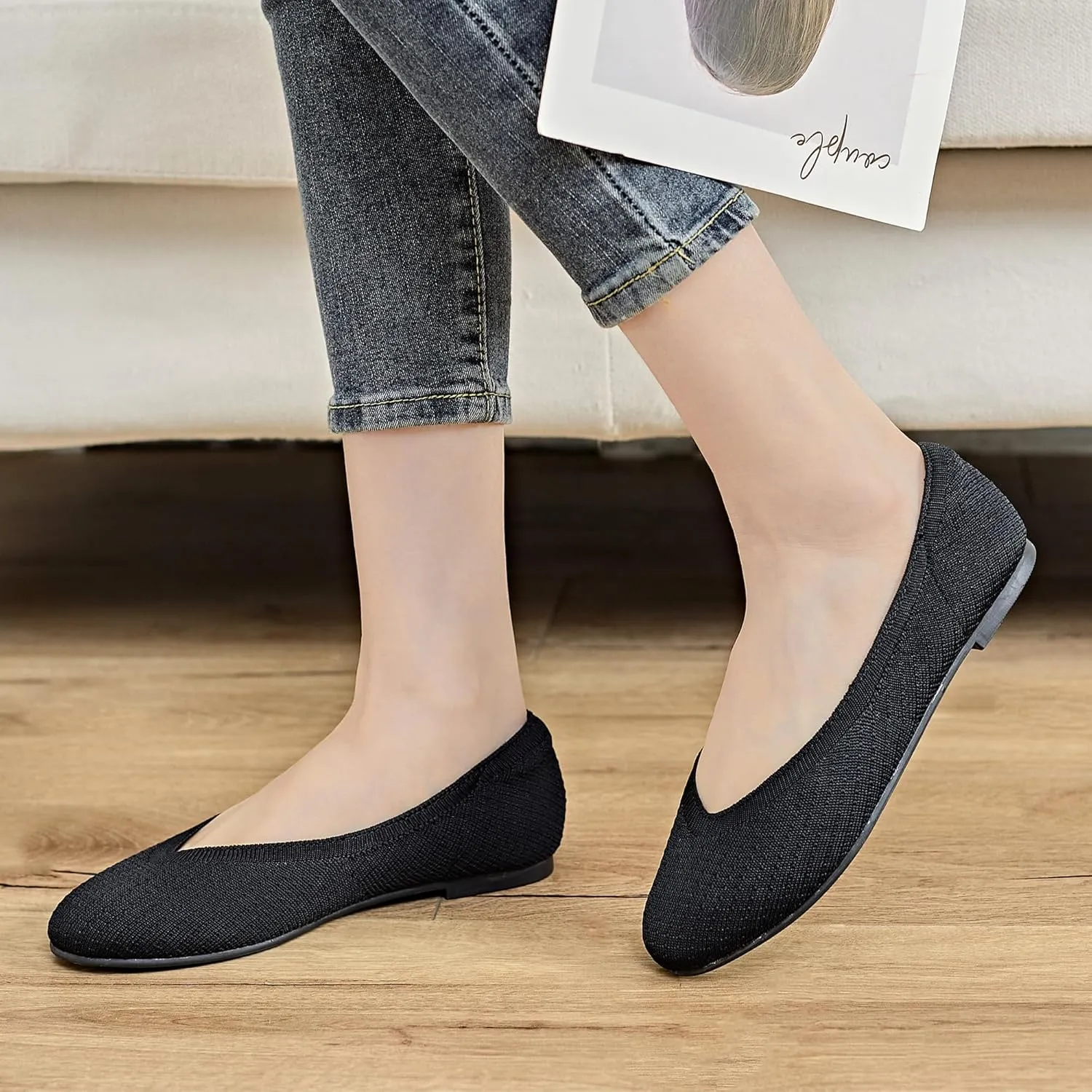 Veittes Women's Wide Width Flats Shoes,Comfortable Casual Breathable Black Ballet Shoes.