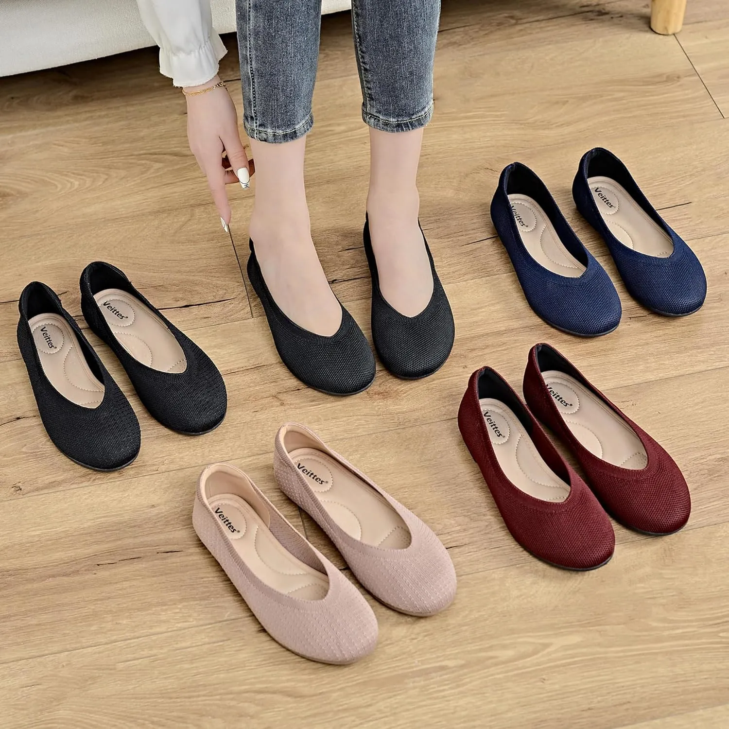 Veittes Women's Wide Width Flats Shoes,Comfortable Casual Breathable Black Ballet Shoes.