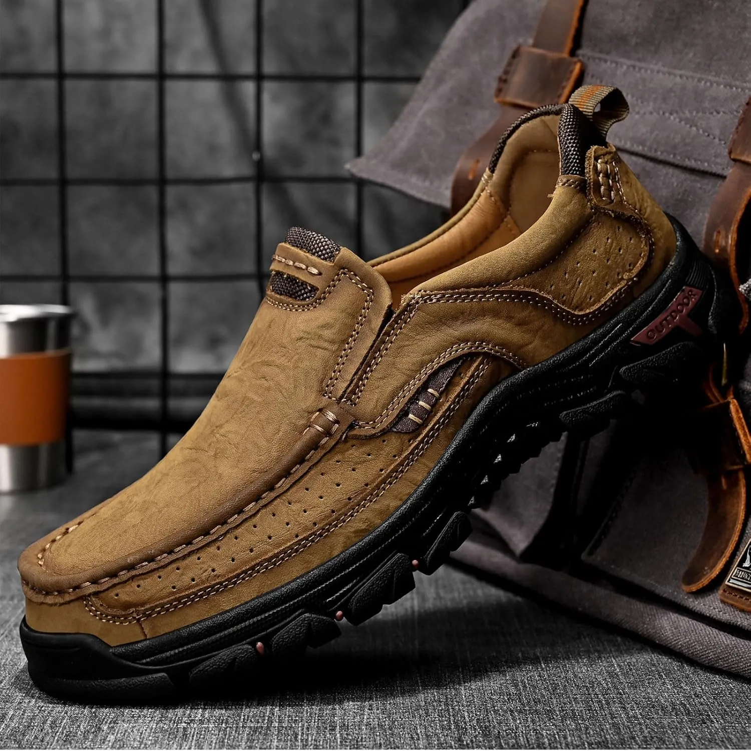 Venshine Mens Walking Shoes Leather Lightweight Breathable Casual Slip On Loafers